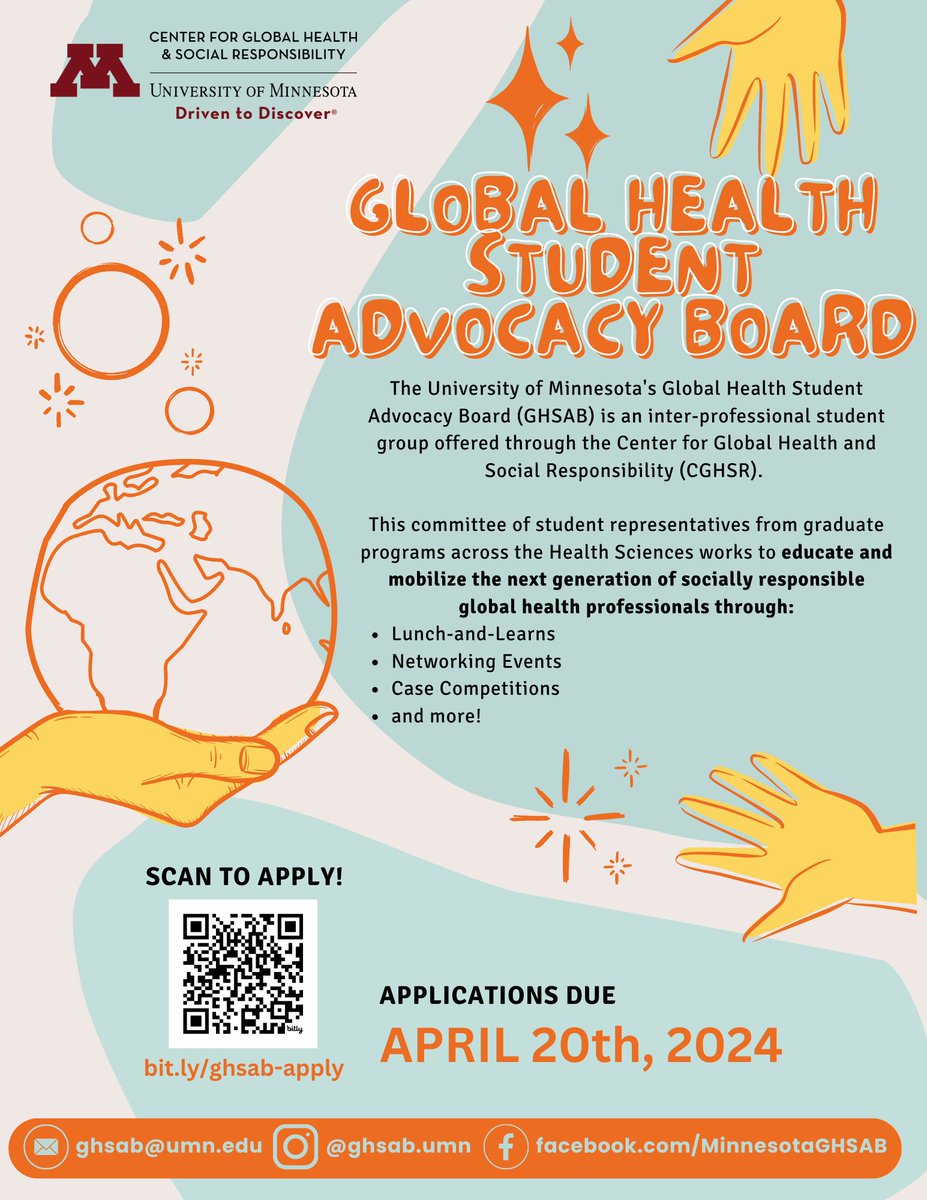 Applications for the Global Health Student Advocacy Board are open until April 20! #UMN undergraduate and graduate students are welcome to apply. The board helps promote global health education and events on campus. z.umn.edu/9ggb