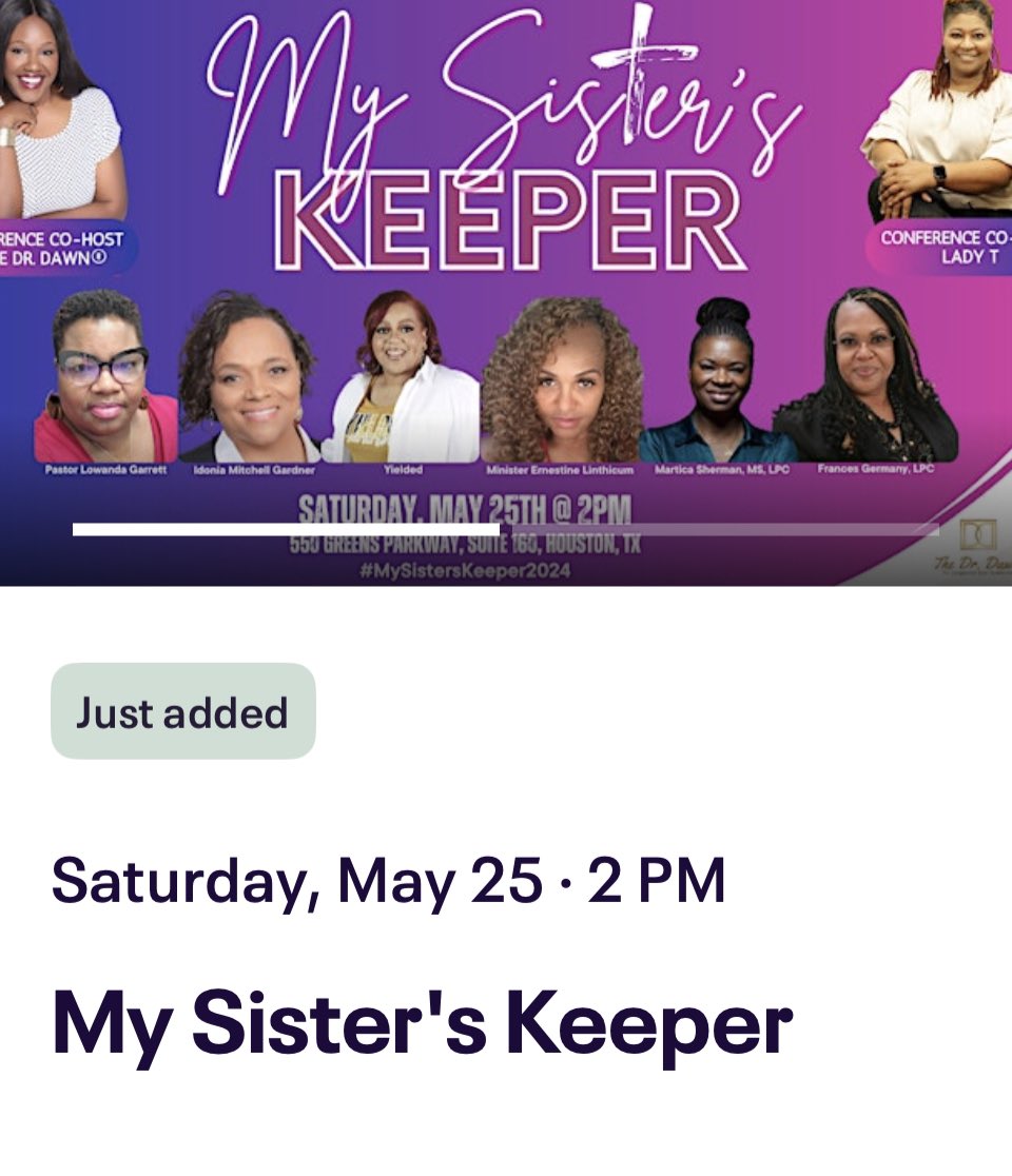Hey Queens! Every Wednesday 7PM CST on FB Live, join us for some good sisterhood talk with our amazing speakers, giving you a sneak peek of what to expect in May at the My Sister's Keeper EXPERIENCE. 🎟️ Get tix @ Eventbrite! #TheDrDawn #CertifiedLifeCoach #MySistersKeeper2024