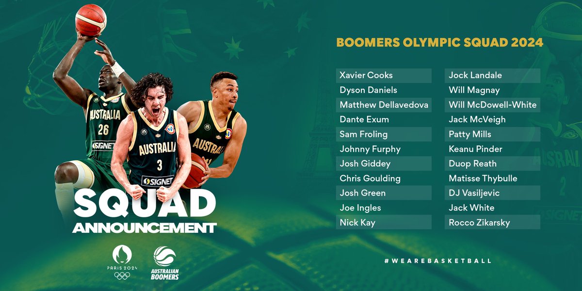 Your Australian Boomers Olympic squad is here! 🤩   Ahead of #Paris2024, this initial squad will be refined before training camp in July where the final 12 will be selected to take on the world's best.   Full details ➡️ bit.ly/4aqkTfZ   #WeAreBasketball