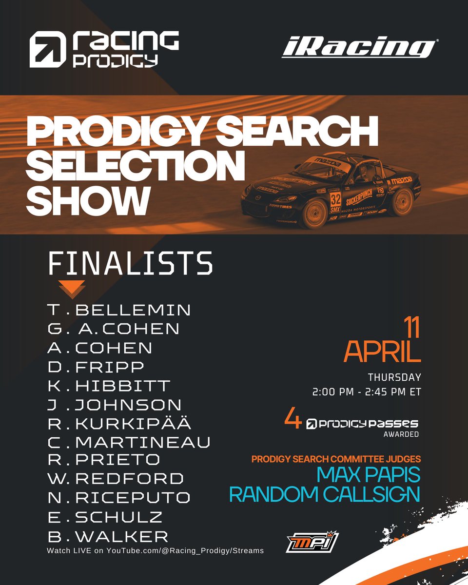 Get ready folks, cause tomorrow is a MASSIVE day here at RP as we go live for our @iRacing Prodigy Search Selection Show at 2PM ET! 🏁🔥 Watch as judges @maxpapis and @randomcallsign make 4 finalists’ e2Real dreams come true and join us for Prodigy Week Pt. 2 @ATLMotorPark 🫡…