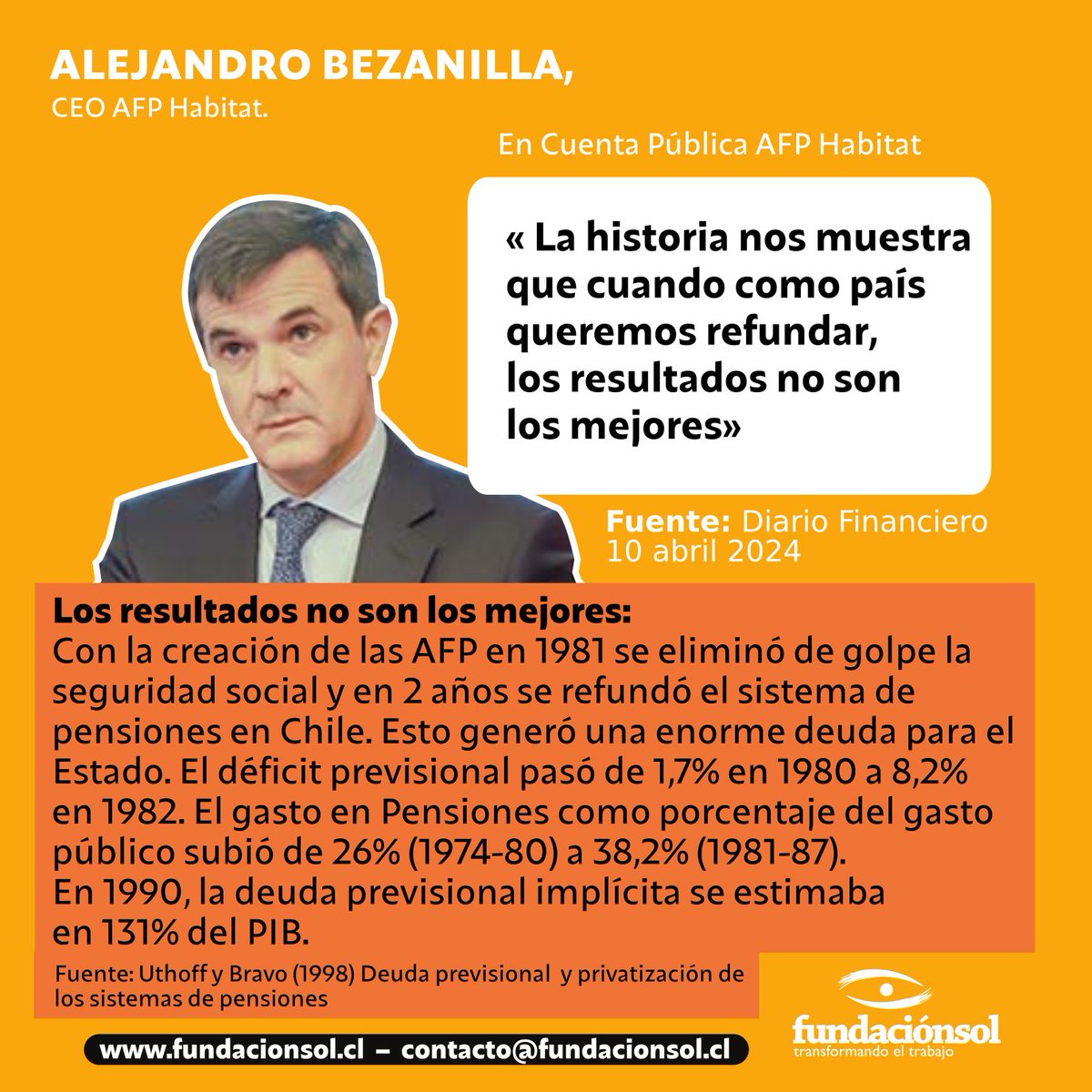 Al crearse las AFP en 1981 se eliminó de golpe la seguridad social en Chile y en 2 años se refundó el sistema de pensiones. Esto generó una enorme deuda para el Estado. El déficit pasó de 1,7% en 1980 a 8,2% en 1982. En 1990, deuda previsional implícita se estimó en 131% del PIB.