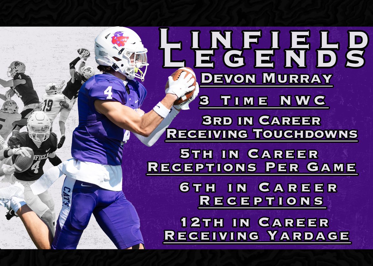 The third player in our recent 'Linfield Legends' release is wide receiver Devon Murray. The 'Slim Reaper' leaves Linfield as one of the all-time great pass catchers with 147 receptions for 1,1819 yards and 32 touchdowns from 2021 to 2023. #RollCats