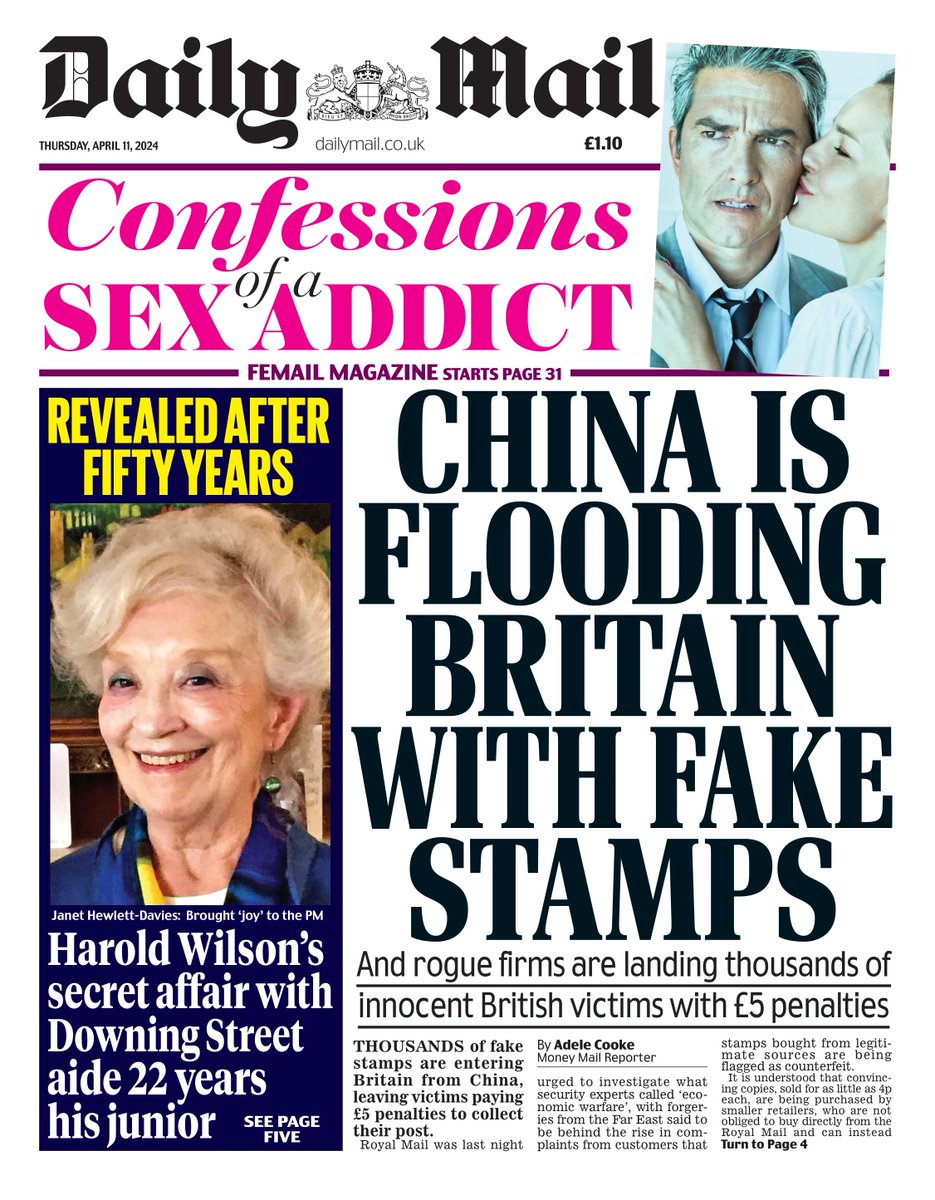 Thursday's DAILY MAIL: China is flooding Britain with fake stamps #TomorrowsPapersToday