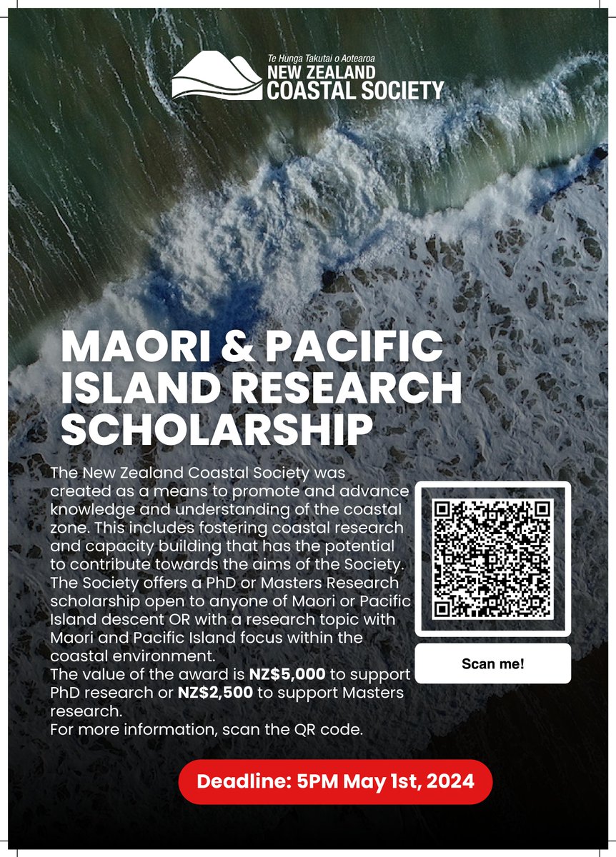 We are excited to announce the NZ Coastal Society annual student research scholarships are open! There are two awards: 1. Student Research Scholarship, and 2. Maori &amp; Pacific Island Research Scholarship. Applications close 5pm 1st May. You can apply here: coastalsociety.org.nz/awards/nzcs-aw…
