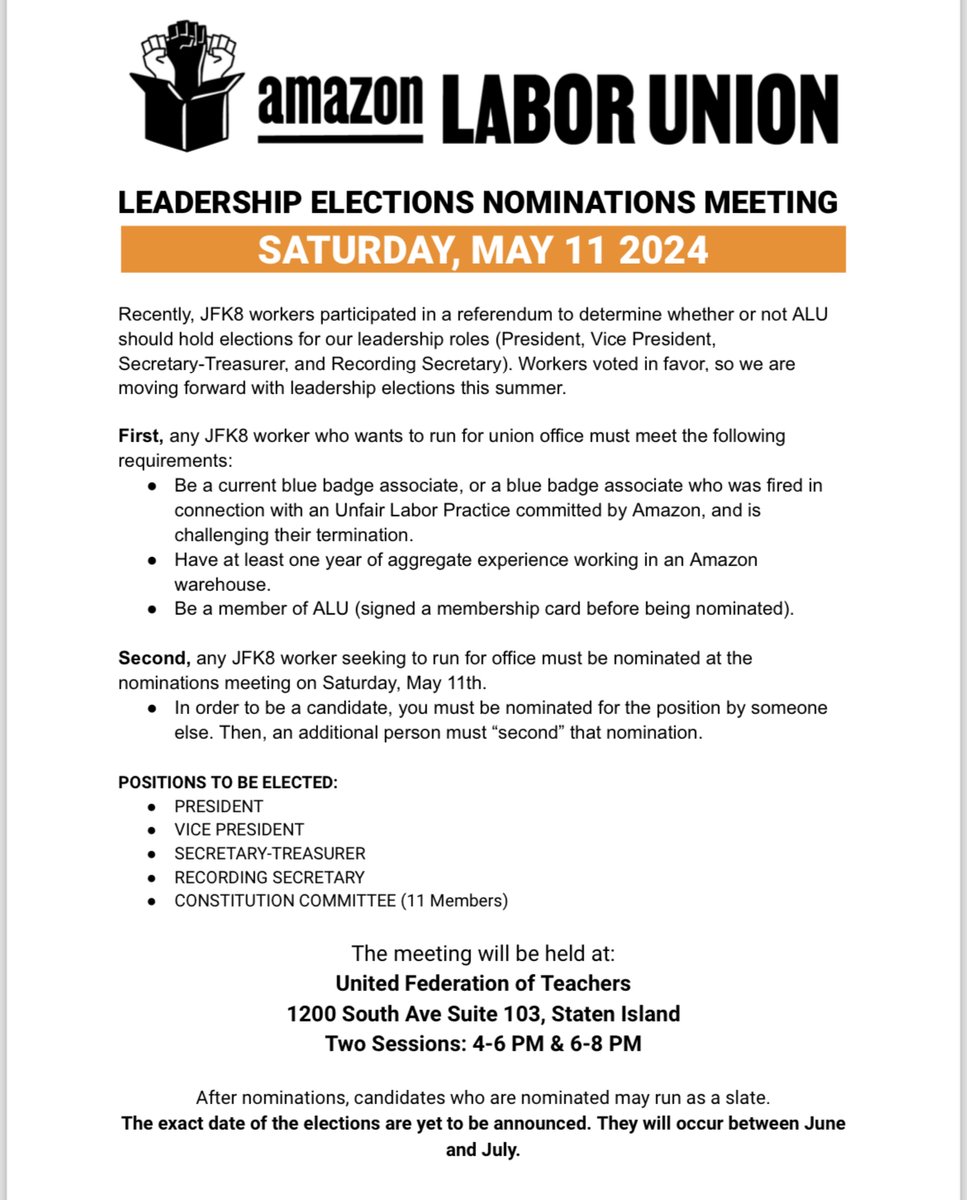 EXCITING ANNOUNCEMENT: The Nominations Meeting for the upcoming ALU Leadership Elections has been scheduled for Saturday, May 11th. Thank you, @UFT, for hosting. We'll see you all there. Time to get this union back on track and work together for the contract fight we deserve! ✊