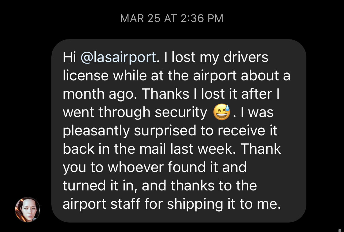 Thanks for sharing, Emi! 🫶 🔎 Lost an item? LAS staff is happy to help! Just fill out a lost item form on our website to get the process started. 💼 FOUND an item? You can turn the item in at one of our Lost & Found offices in T1 or T3. ow.ly/2vin50RcIOX