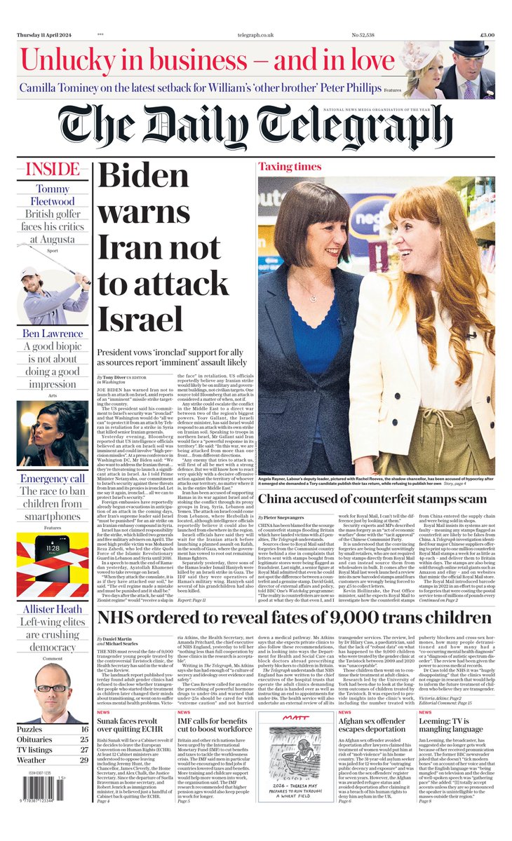 Thursday's DAILY TELEGRAPH: Biden warns Iran not to attack Israel #TomorrowsPapersToday