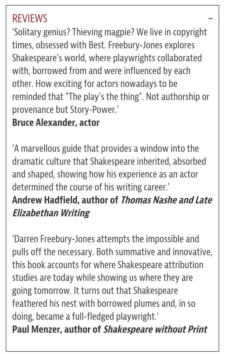 Wow, delighted that SHAKESPEARE'S BORROWED FEATHERS has received this glowing endorsement from hero scholar Andrew Hadfield! @ManchesterUP So glad early readers are enjoying it! ❤ manchesteruniversitypress.co.uk/9781526177322/