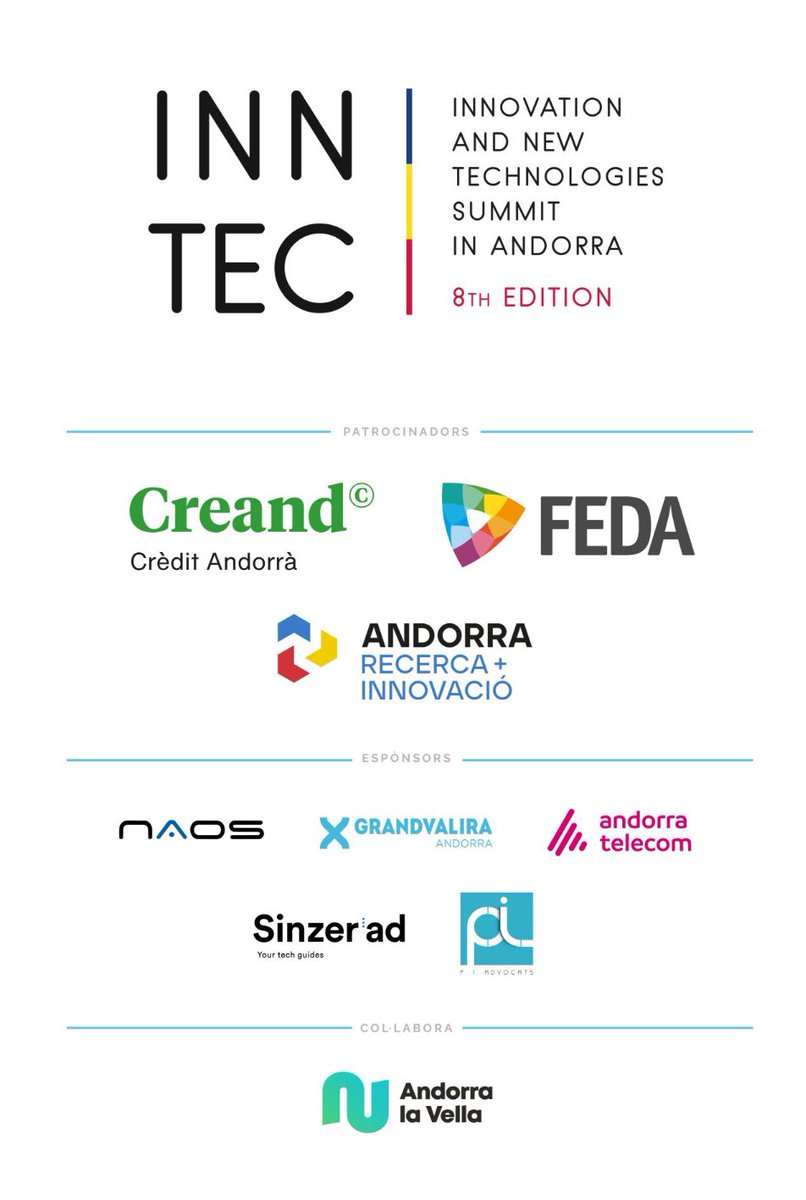🚀 Continuem amb els preparatius de les Jornades INNTEC 2024 i volem agrair als nostres patrocinadors i espònsors els seu recolzament i confiança en aquest esdeveniment: @FEDA, @CreandCA, @Andorra_RI, @AndorraTelecom,  @sinzerad , @grandvalira i @AndorraNaos. Moltes gràcies.
