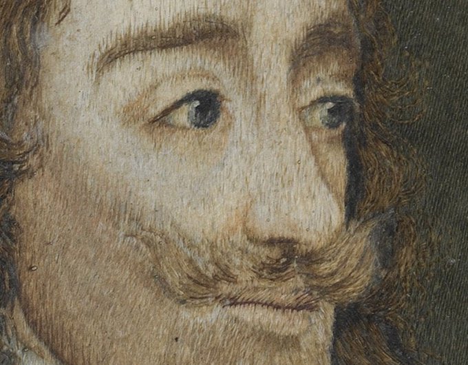 “Like a painting in silk thread'  Charles I after an engraving  by Wenceslaus Hollar, 1641, made c. 1650-70.   [h. 6 x w. 4 1/2 in/ 15.2 x 11.4 cm)]  (Met Museum)   An amazing piece of needlework