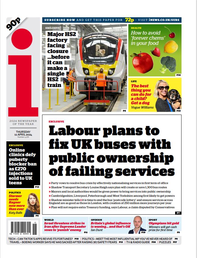 Thursday's front page: Revealed: Labour’s plan to fix bus crisis with public ownership of failing services #TomorrowsPapersToday Latest by 🔴 @DavidParsley50: trib.al/arvqBOz