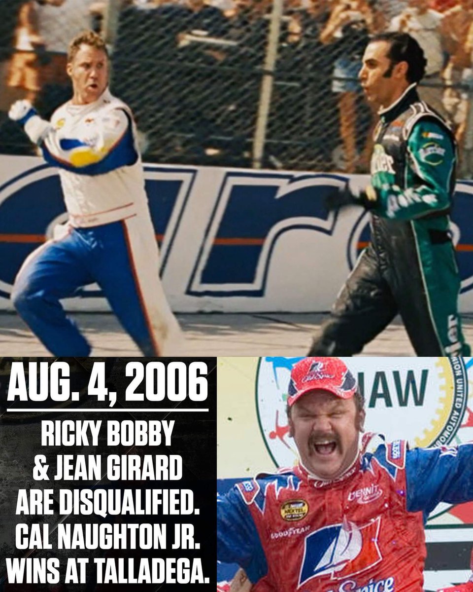 18 years ago, Ricky Bobby beat Jean Girard in a footrace at Talladega. Because they got out of their cars, they were both disqualified. Cal Naughton Jr. would go on to win.