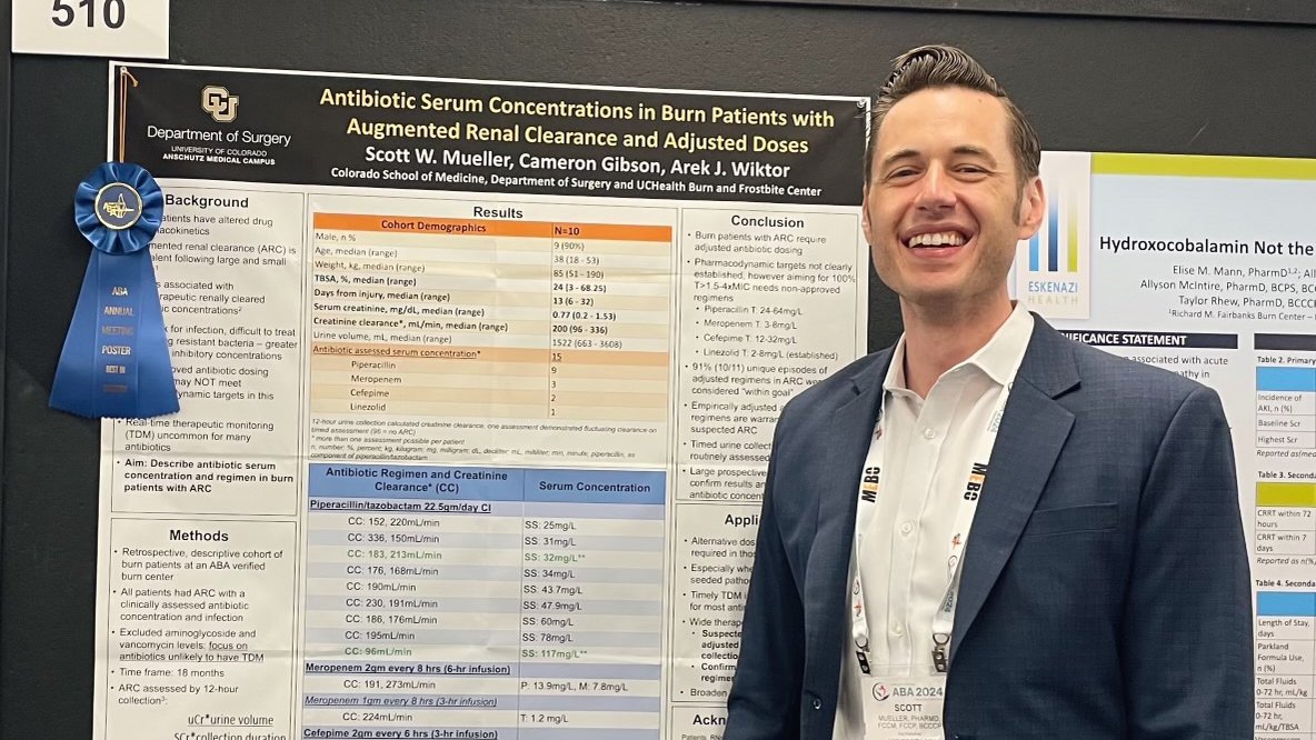 CU GITES (@cugites) on Twitter photo Our Burn team is making waves! See Scott Mueller, PharmD as he won best poster in the Critical Care category on 'Antibiotic Serum Concentrations in Burn Patients with Augmented Renal Clearance' <a href="/Ameriburn/">American Burn Association</a> <a href="/globalsurgeon/">Cameron Gibson</a> <a href="/CUDeptSurg/">CU Department of Surgery</a> #ImproveEveryLife Our Burn team is making waves! See Scott Mueller, PharmD as he won best poster in the Critical Care category on 'Antibiotic Serum Concentrations in Burn Patients with Augmented Renal Clearance' <a href="/Ameriburn/">American Burn Association</a> <a href="/globalsurgeon/">Cameron Gibson</a> <a href="/CUDeptSurg/">CU Department of Surgery</a> #ImproveEveryLife