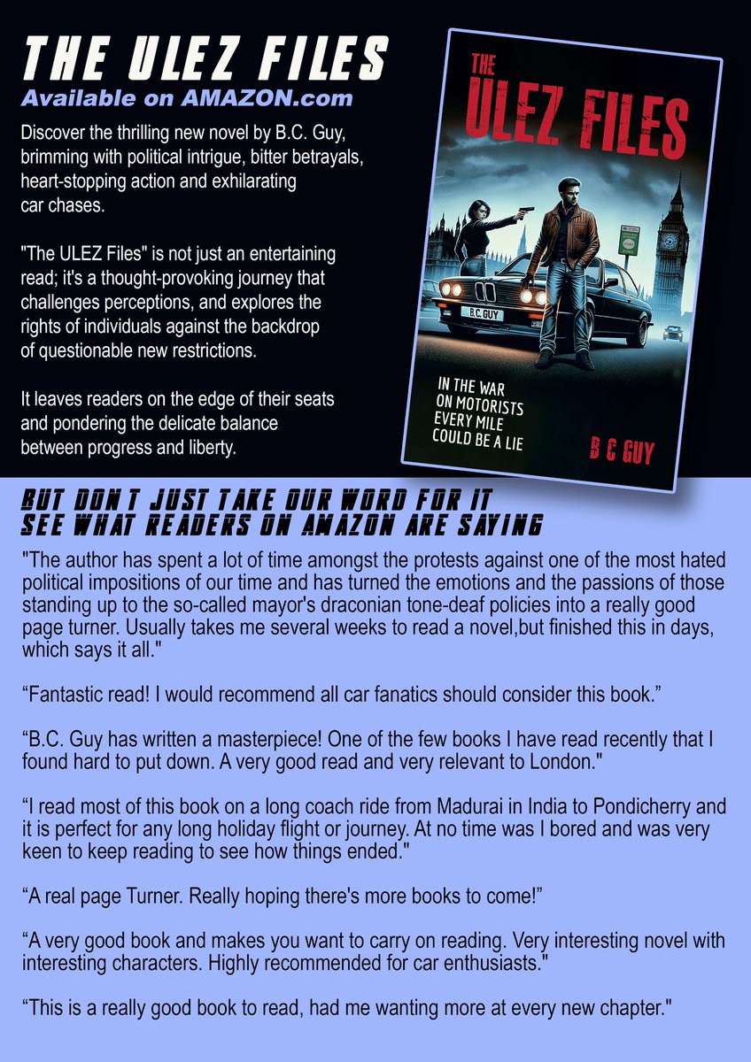 The ULEZ Files: In the War on Motorists, Every Mile Could be a Lie amzn.eu/d/6OQIoF9
#ulez #ulezexpansion #thriller #novel #fiction #waronmotorists #petrolheads #actionthriller #london #theulezfiles #booktok #bookgram #bmw #bmwe30 #classiccars @AmazonKindle