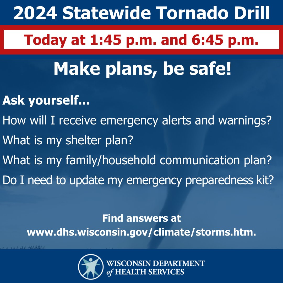 Take time during today's Statewide #Tornado Drill to make a plan for when the #weather turns severe. Find what you'll need to stay healthy and safe at dhs.wisconsin.gov/climate/storms… #Wisconsin #wiwx #NationalWeatherService