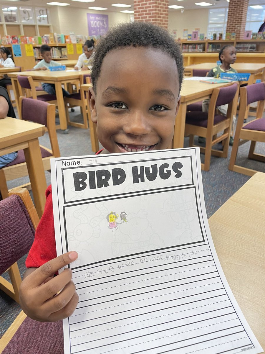 After reading Bird Hugs, this kindergarten friend drew himself giving me a big hug! #mediaspecialist #library #Kindergarten