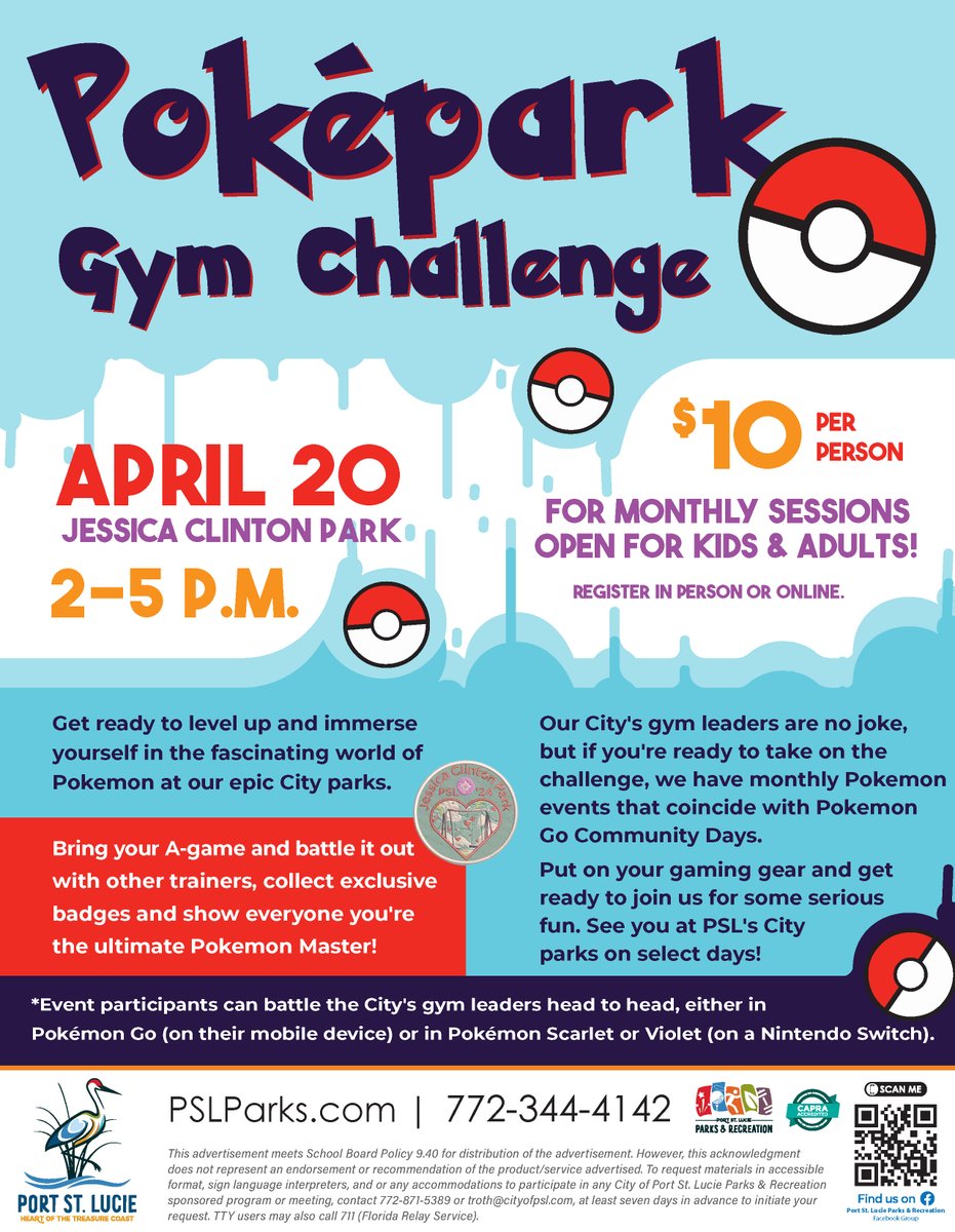 Parks & Recreation's Poképark Gym Challenge is coming to a park near you! 🎮 The next one is 2-5 p.m. Saturday, April 20 at Jessica Clinton Park, 3200 SW Southbend Blvd., with three Pokéstops and two gyms. Cost is $10 per person. Preregister in person at any Parks & Recreation