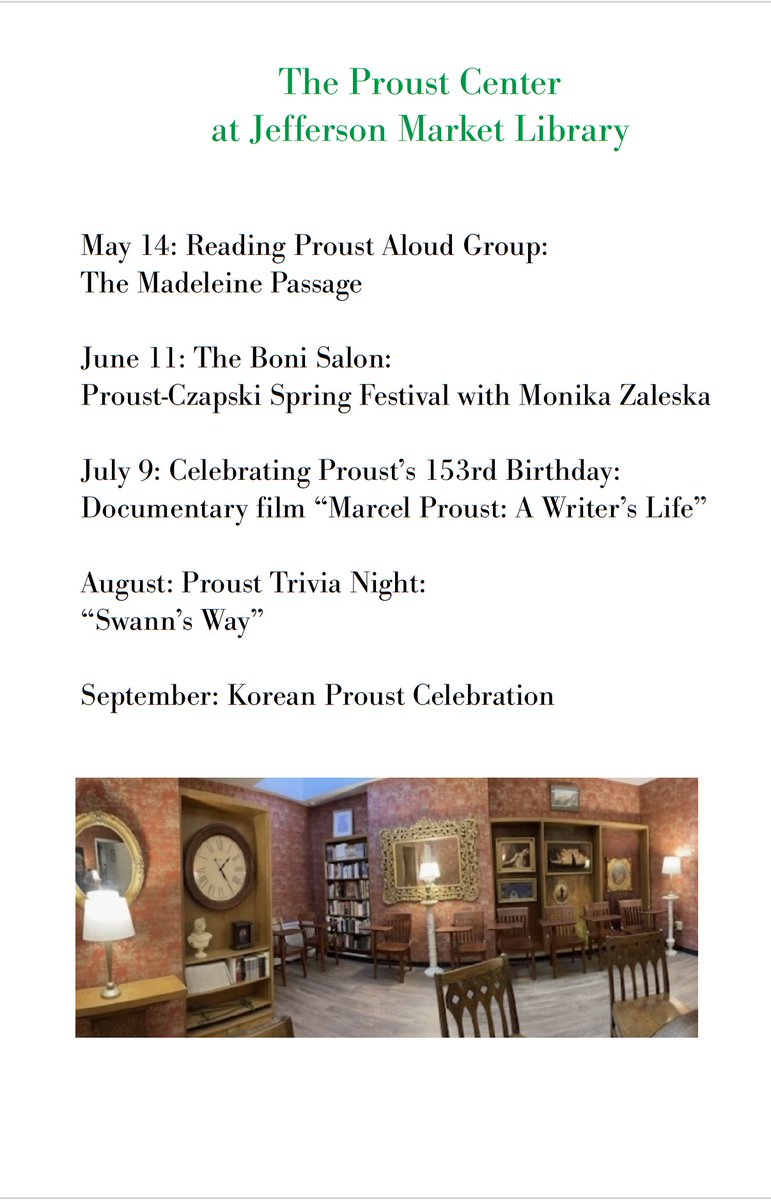 ProustCenterNYC's tweet photo. @nybooks #Proust-#Czapski Spring Festival  
April 9: “Proust Against Despair: Józef Czapski and the Impact of Proust”    
Eric Karpeles, in conversation with Monika Zaleska
#jeffersonmarketlibrary https://t.co/C6GMfR3ch2