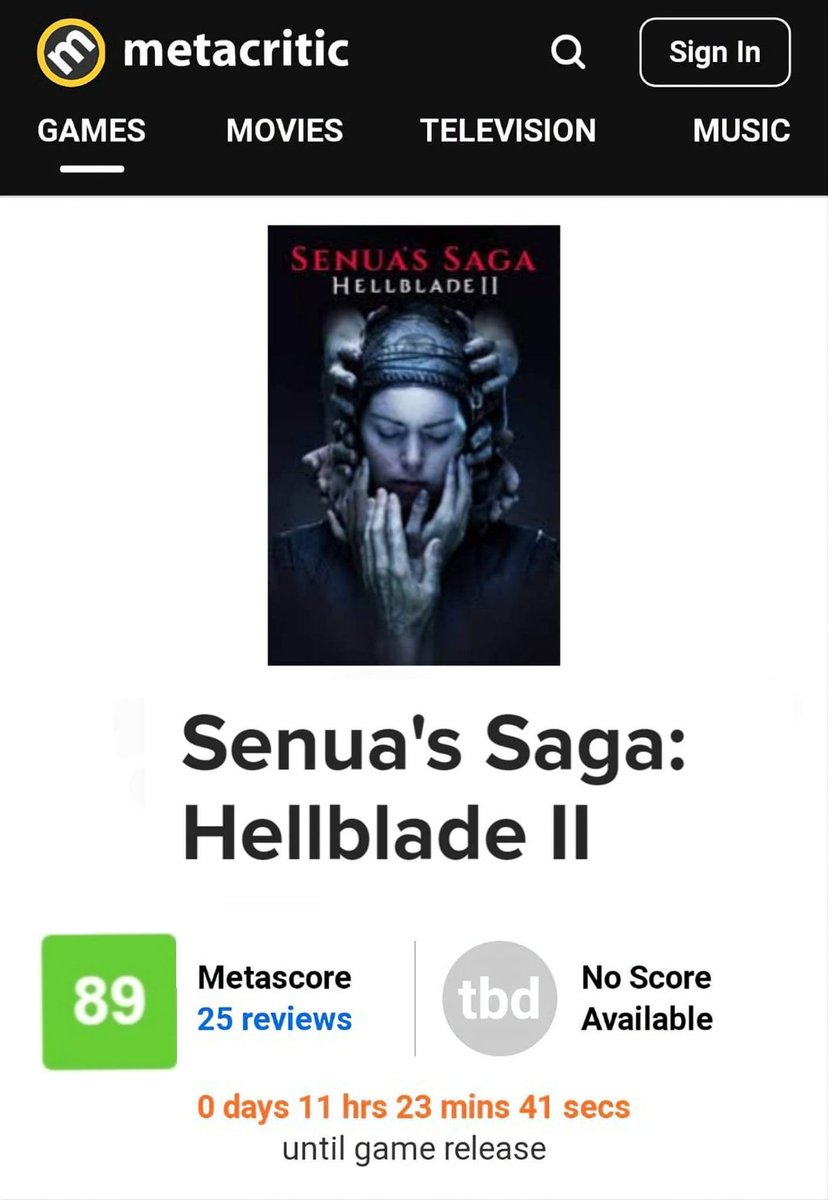 Chuto uma nota 91 para Hellblade ll. Mas a nota que a 'crítica especializada' vai dar vai ser essa.