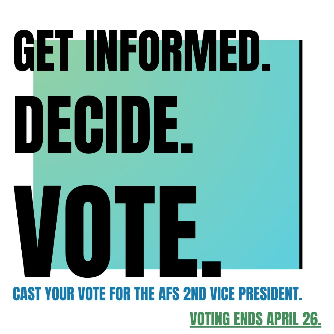 ☎️ CALLING ALL MEMBERS! ☎️ Cast your vote today for our AFS 2nd Vice President. As a member, you have the ability to vote on national leadership for our society. You can make a difference in the future of AFS. Check your email for instructions on how to vote. Deadline Apr.26
