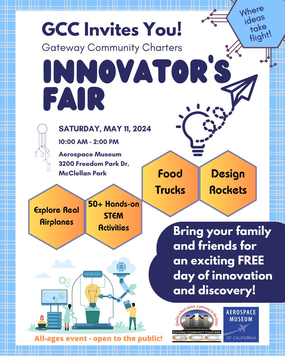 GCC is excited to announce that, in collaboration with the Aerospace Museum of California, we are putting on an Innovator's Fair!🔬 This event is an opportunity for our schools and students to showcase how they are being innovative!🚀 #GCC_Charters #GCCLevelUp #ElevateOurImpact