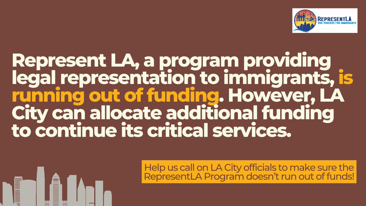 🚨ACTION ALERT 🚨 Represent LA, a program helping Angelenos seeking legal representation within the immigration system, is running out of funding. However, LA City can allocate additional funding to continue its critical services! LEARN MORE. THREAD 🧵 1/3