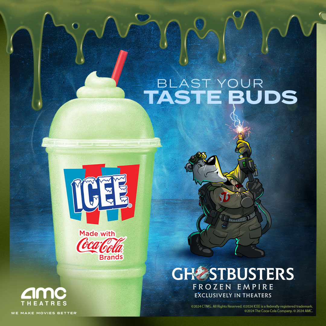 👻 🚫 #Ghostbusters: Frozen Empire NOW PLAYING at #AMCTheatres! Experience a proton blast of frightening green apple flavor with a refreshing ICEE when you watch the crew return to the big screen! amc.film/3vhohu5