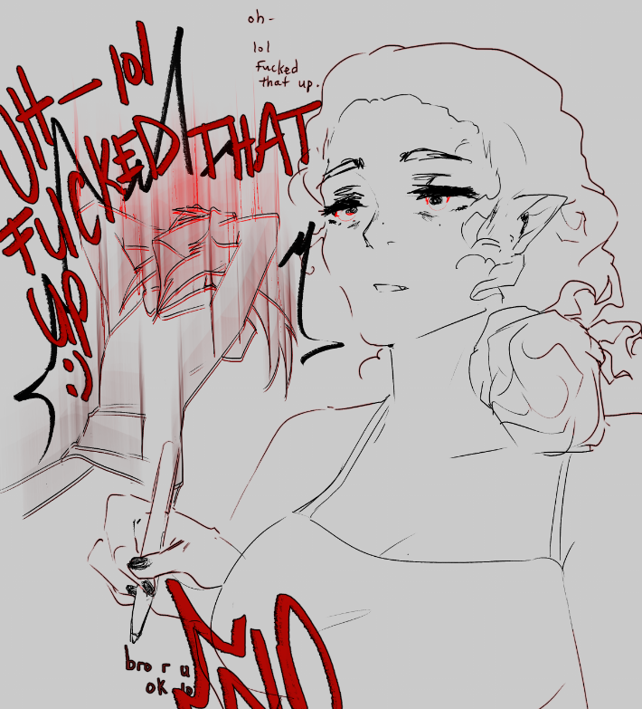cluewoof's tweet photo. drawing alongside my buddy @Rynthie and realizing we have very.. different vibes sometimes while working LOL 
i am tired and he is Exploding. https://t.co/sTgWCDOvow