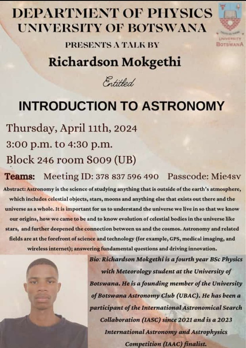 Introduction to #Astronomy from the University of #Botswana, via Microsoft Teams. Thursday April 11, 2024. Please share! @FraFull @DrTayeD @DEarthAfrica @MAstronomers @SANSA7 @spaceinafrica1 @UBBotswana @UNZambia @WitsUniversity @motshegwat @biustbw #Zambia #Nigeria #SouthAfrica