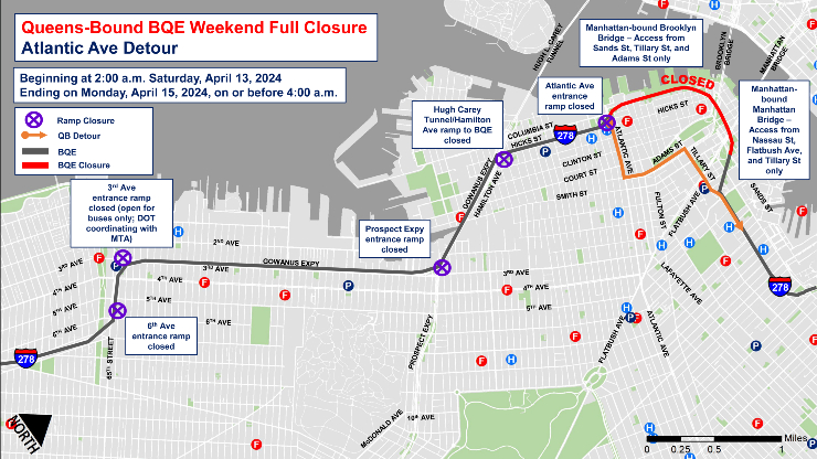 The Queens-bound BQE will be fully closed from Atlantic Avenue to Sands Street from Saturday, April 13 at 2 a.m. to Monday, April 15 at 4 a.m. It is strongly encouraged to avoid the BQE during scheduled closures. See below on detours made to accommodate drivers that day.