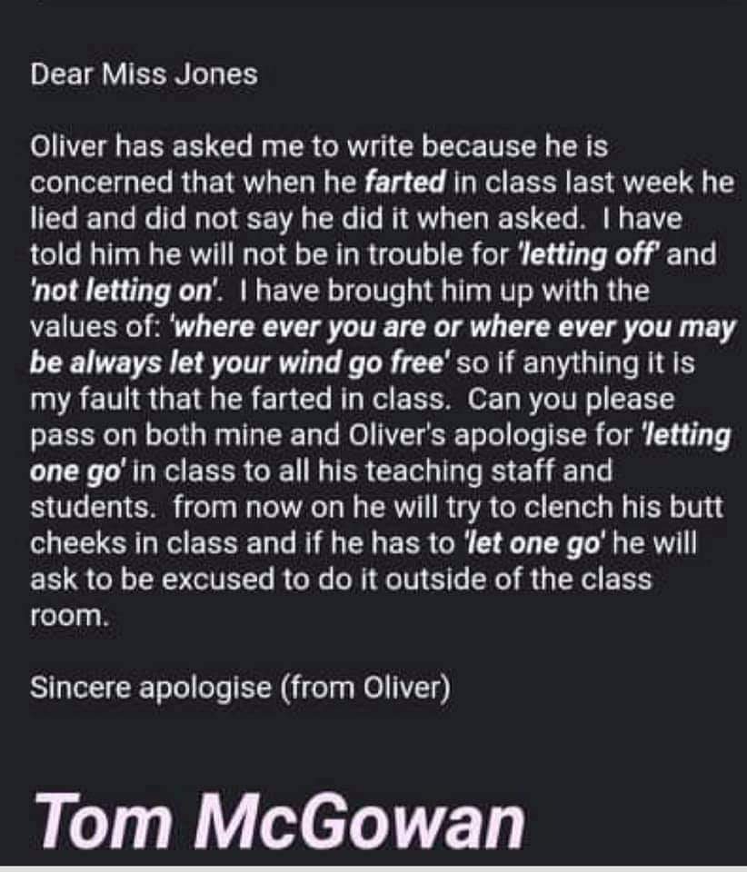 #Oliverscampaign I am crying with laughter, Oliver went through a phase where he had to be totally honest & it troubled him deeply if he wasn’t, My husband had to pretend to write this email to his teacher Please excuse the crudeness Our home doesn’t ring with laughter anymore