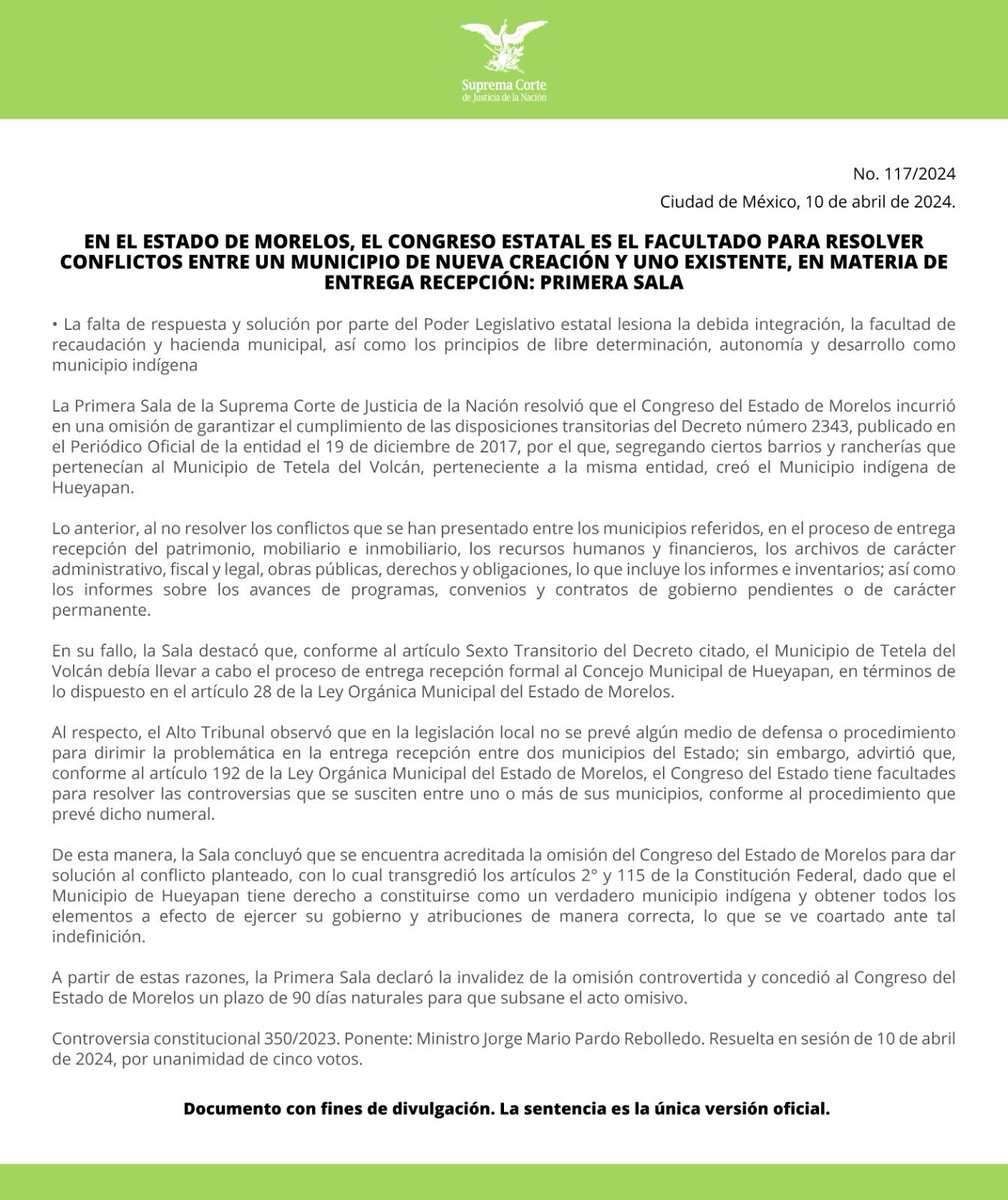 La #PrimeraSalaSCJN resolvió que, en el Estado de Morelos, el Congreso Estatal es el facultado para resolver los conflictos que se presenten entre un municipio de nueva creación y uno existente, en materia de entrega recepción. bit.ly/3xwI75k