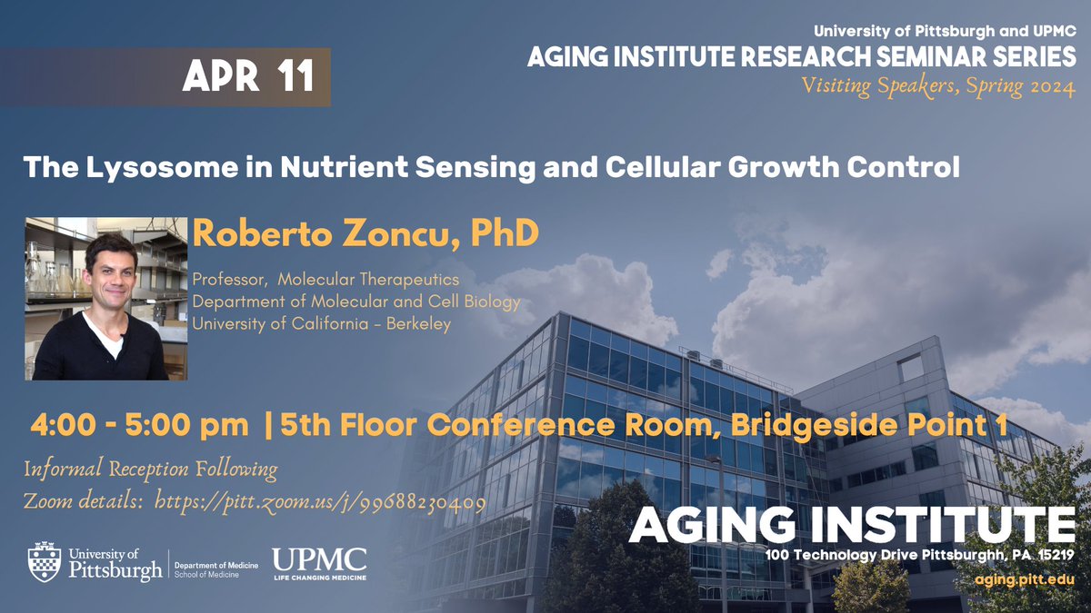 How do our cells sense nutrients & metabolites? It's important for not only development but also healthy aging and disease prevention.
Join us tomorrow for a fascinating talk by Dr. @RobertoZoncu about lysosomes in nutrient sensing & growth control! @PittDeptofMed @PittGeriMed