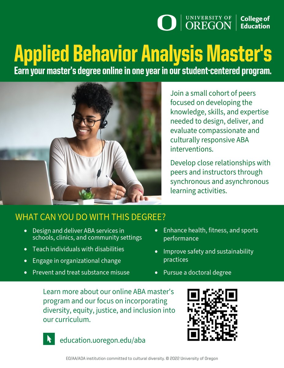 drmachalicek's tweet image. UO Online ABA Master's program accepting apps for Fall 2025! Faculty:student ratio of 3:8, program allows for individualizing areas of expertise, and students 💚synchronous online sessions & research with faculty. Apply by May 17th! education.uoregon.edu/aba#info-sessi…