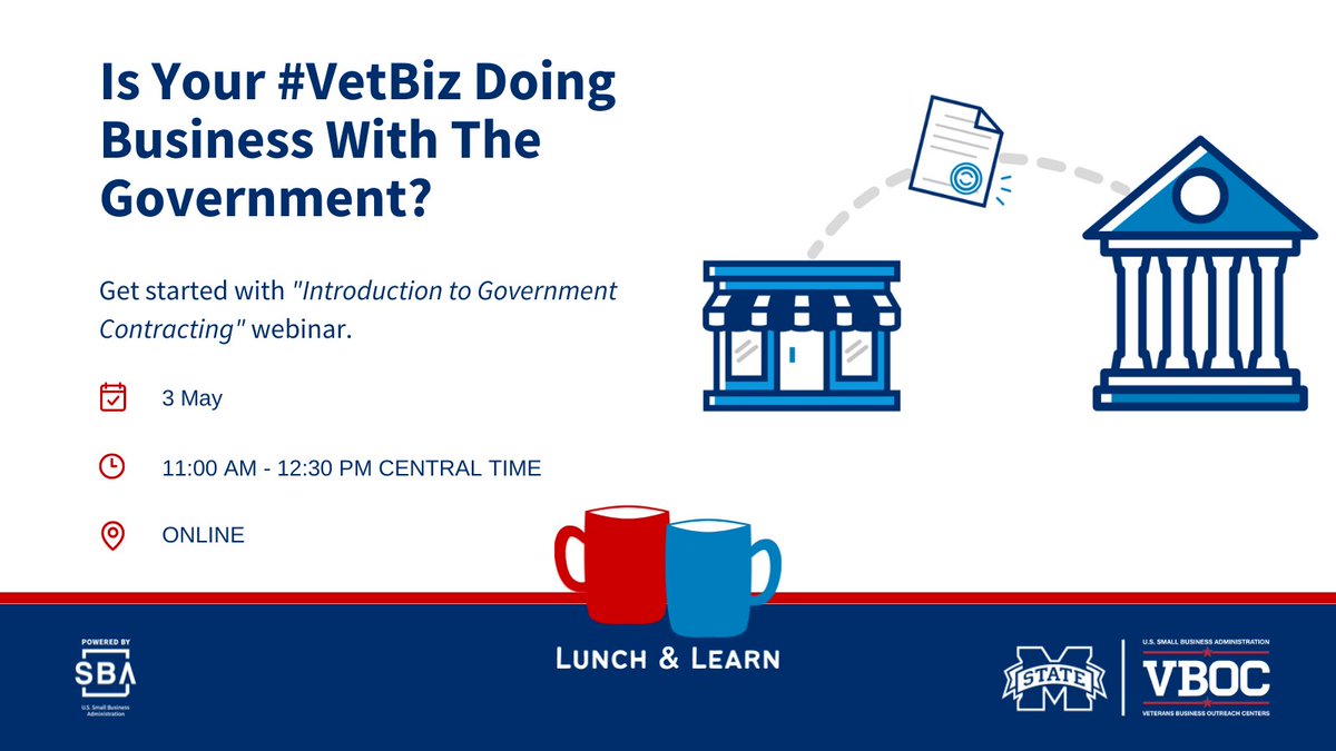 Interested in learning how to do business with the government?

Join us! sba-vboc.ecenterdirect.com/events/30579

#VetBiz #veterans #veteranowned #milspouses #milspouseowned #SBA #VBOC #VBOCatMSU