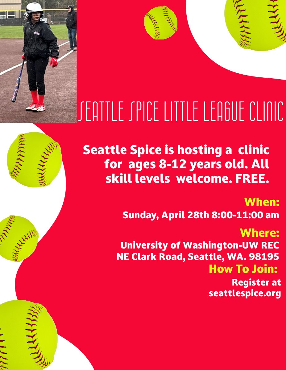 Spice Fastpitch is holding a free softball skills clinic led by Spice coaches and players from the 16U/18U teams.  It is open to players of all abilities and ages 8-12 years old!
seattlespice.org/clinics