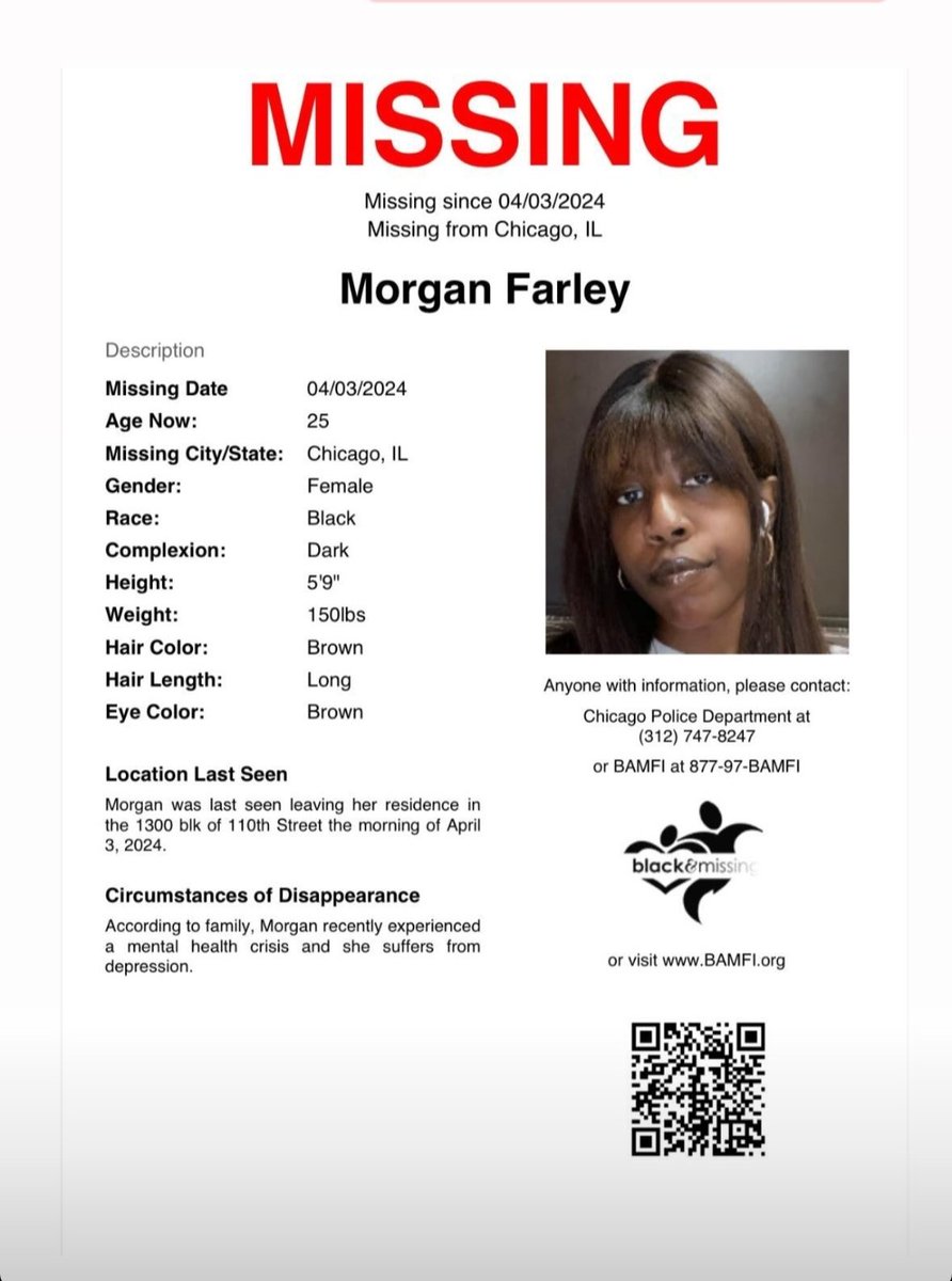 KRileyTips's tweet image. MISSING

Morgan Farley
Missing April 3rd, 2024
Age: 25
Black Female 5'9" 150 lbs
Brown hair, brown eyes
Last seen leaving her home 4/3
Morgan recently experienced a mental health crisis

Contact police / BAMFI

I can connect you with the family as well.