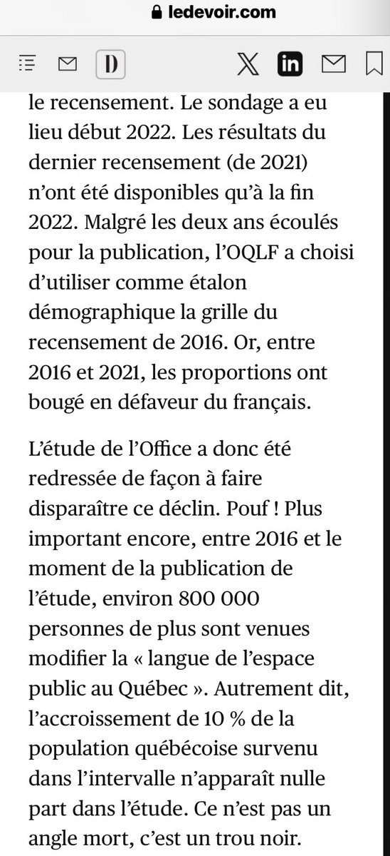 L’étude de l’OQLF qui est citée par tous les négationnistes du déclin du français est basée sur des chiffres de 2021, étalon démographique de 2016, une méthodologie non-conforme, étude qui est construite de façon à éviter de prendre en compte l’explosion de l’immigration.