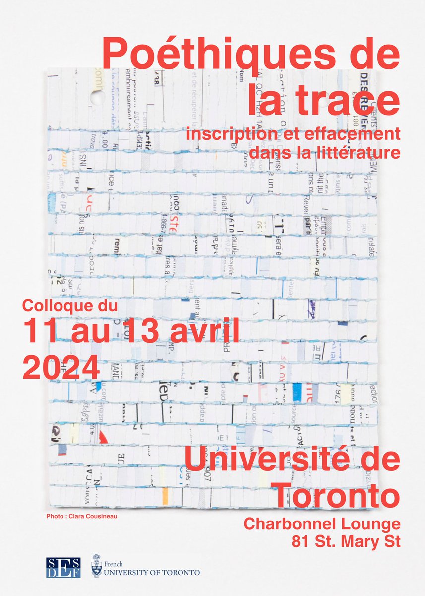 La Société des Études Supérieures du Département d'Études Françaises est ravie de vous inviter à son colloque annuel du 11 au 13 avril 2024 au Charbonnel Lounge, Elmsley Hall (81 St Mary St), sur le thème « Poéthiques de la trace : inscription et effacement dans la littérature ».