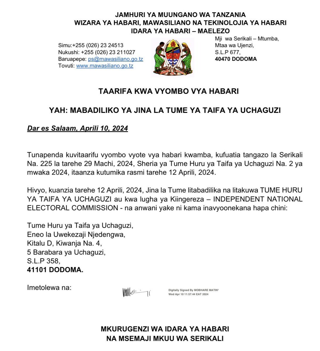 Hoja yako KC mstaafu @zittokabwe na tangazo la kubadilika kwa jina la Tume limenifikirisha sana. Nimejaribu kufikiri kuhusu viapo vya Makamishna wa Tume. Wameapa kuitumikia Tume ya Taifa ya Uchaguzi na sio Tume Huru ya Taifa ya Uchaguzi. Nikawaza hawa hawahitaji kuapa Upya ?…