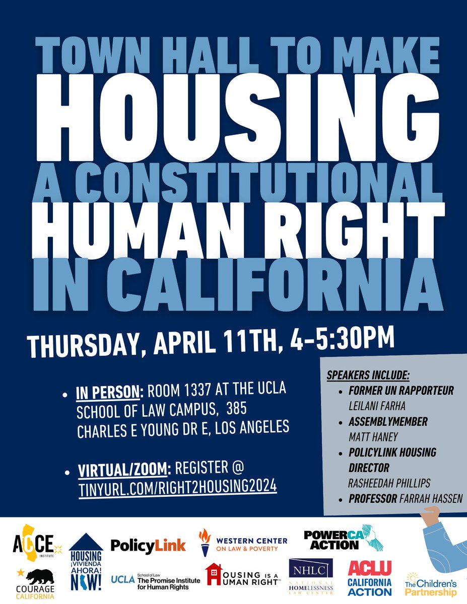 TOMORROW: Join the town hall on recognizing the human right to housing in California, featuring @leilanifarha, @AsmMattHaney, @RPhillipsBQF, and Professor Farrah Hassen. Register: ucla.zoom.us/meeting/regist… #HousingJustice #ACA10