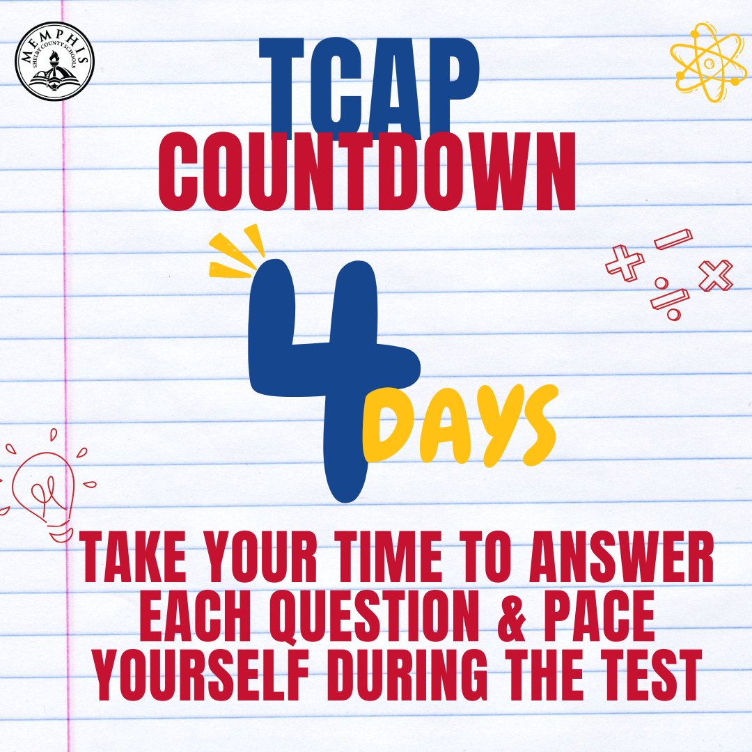 MSCSK12's tweet photo. ⏳ Time is ticking as TCAP testing approaches only 4 more days! Remember, take your time on each question, pace yourself, and let's make every moment count toward success! 💪 #TCAPCountdown #ReadyToThrive https://t.co/tbGKKgQcjm