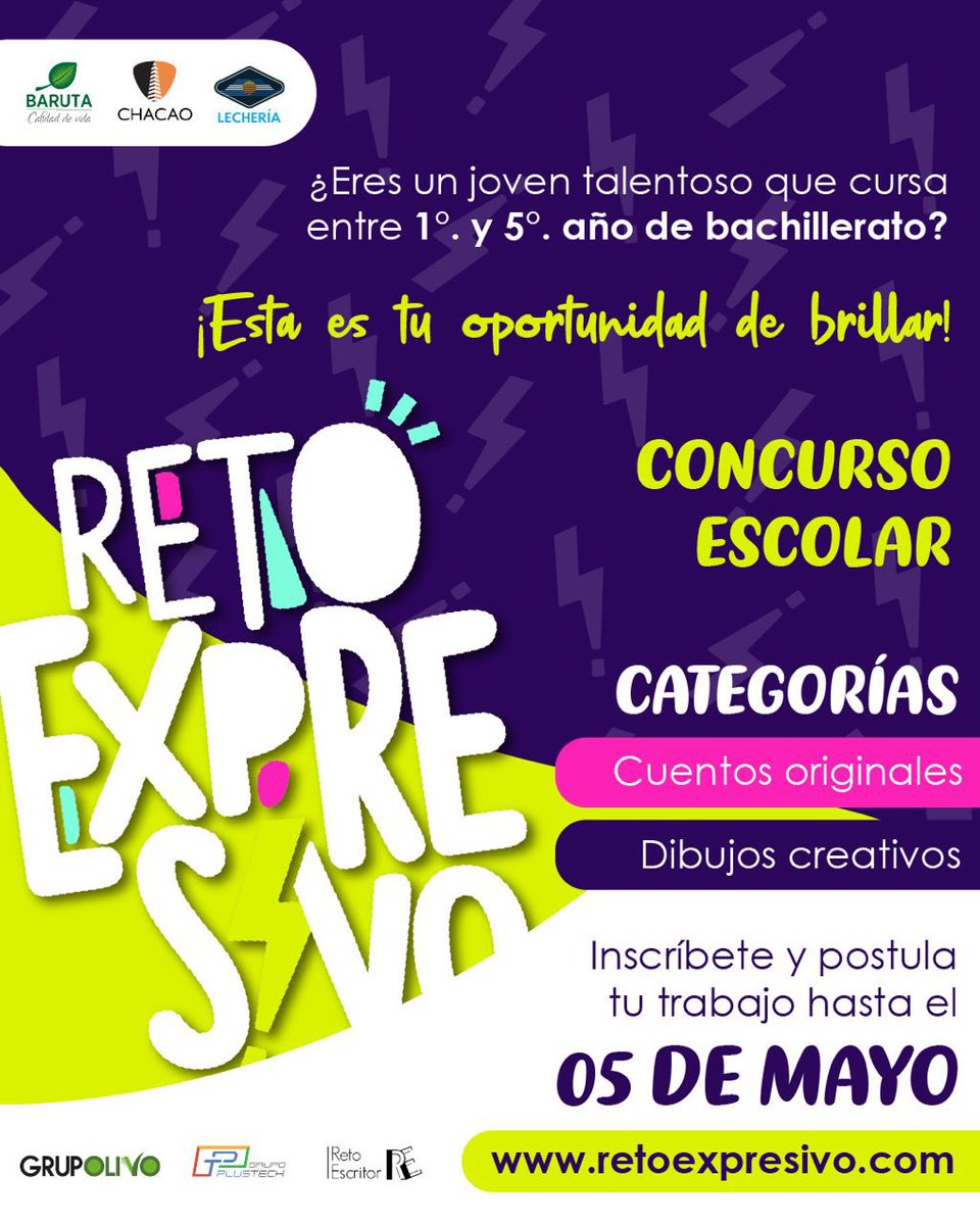 ¿Eres un joven talentoso que cursa entre 1ro y 5to año de bachiller? Inscríbete y participa en nuestro concurso escolar que se estará llevando a cabo hasta el #5May Categorías: 📚 Cuentos Originales 🎨 Dibujos creativos ¡Aprovecha esta oportunidad para brillar!