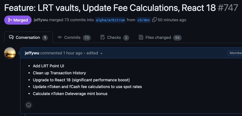 PR #747 for <a href="/NotionalFinance/">Notional</a> UI just merged. It’s a big body…

Getting ready for restaking vaults, upgrade to React 18 (should see a nice performance boost), updates to the transaction history, and improved fCash and nToken fee calculations.

🚢