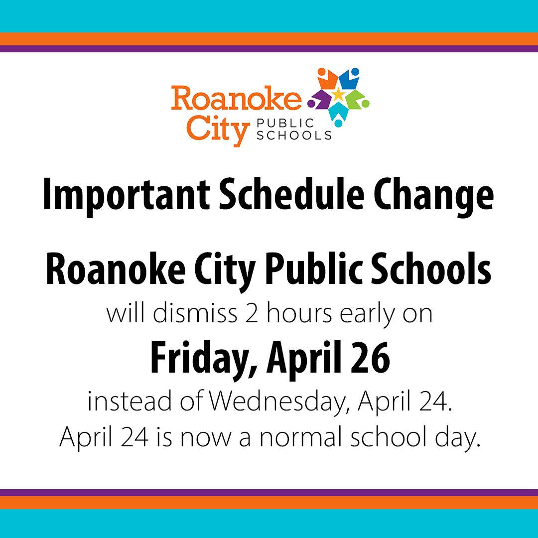 Important Schedule Change: The previously scheduled two-hour early dismissal for students on Wednesday, April 24 has been moved to Friday, April 26, 2024. Visit rcps.info for more information.