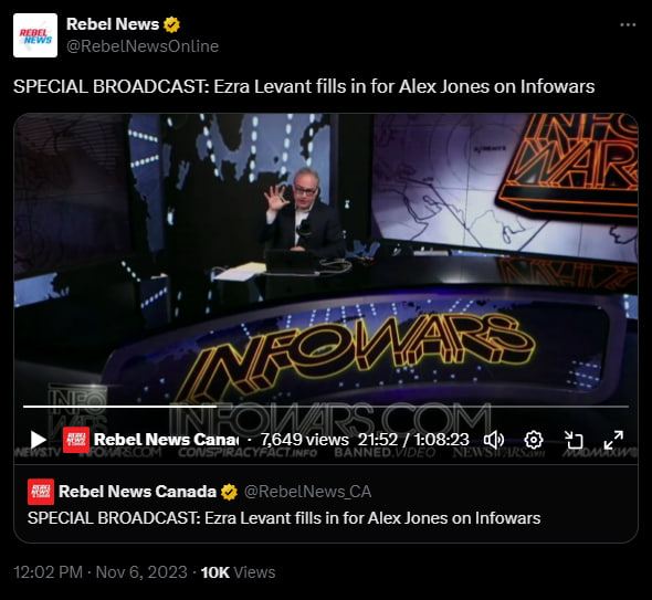 @RealAlexJones To the frustrated Canadian, this is why Alex Jones (out of nowhere) supports the establishment hack Pierre Poilievre. Alex claims he's 'done his research' - what he means is he listens to whatever Ezra Levant (Rebel News) says. Oh look here is Ezra hosting Info Wars. #VotePPC