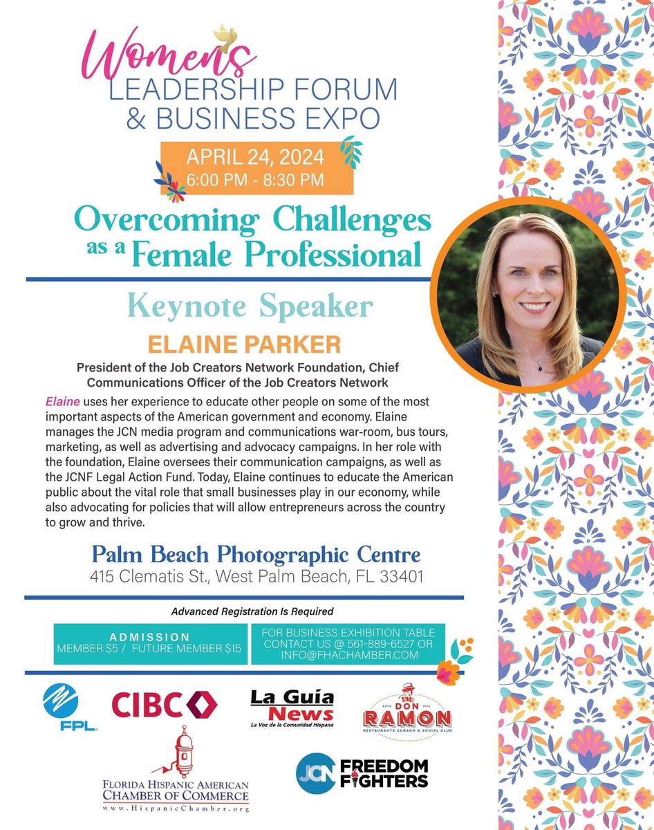 Join our FHACC Women's Leadership Forum keynote speaker from Job Creators Network in Washington D.C., Ms. Elaine Parker on Wednesday April 24, 2024. Register here! fhachamber.com/evrplus_regist…