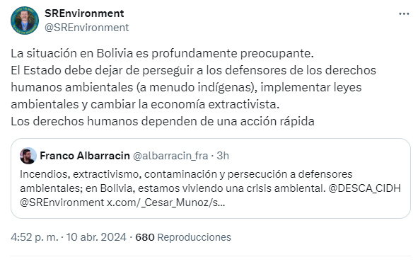 🔵#ANF | 𝐑𝐄𝐋𝐀𝐓𝐎𝐑 𝐃𝐄 𝐋𝐀 𝐎𝐍𝐔: 𝐋𝐀 𝐒𝐈𝐓𝐔𝐀𝐂𝐈Ó𝐍 𝐄𝐍 𝐁𝐎𝐋𝐈𝐕𝐈𝐀 𝐄𝐒 𝐏𝐑𝐄𝐎𝐂𝐔𝐏𝐀𝐍𝐓𝐄
▶️Tras ataques a indígenas por la minería ilegal; el relator de la ONU David Boyd dijo que Bolivia debe aplicar leyes ambientales y cambiar la economía extractivista.