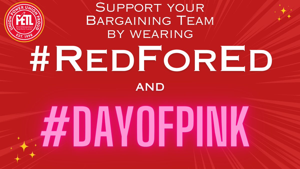 Let's paint the town RED and PINK!!! Don't forget to support your #PETL bargaining team on April 11th! #CollectiveBargaining #ETFO #LetsGetItDone #RedForEd #DayOfPink