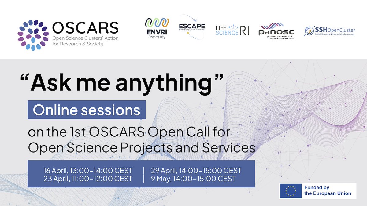 You are interested in the OSCARS Open Call for Open Science projects & services, but you still have questions on how to apply? 💁‍♀️Our team is here to help! We have planned 4 'Ask me anything' online sessions to answer your questions Learn more & register ➡️indico.in2p3.fr/e/OSCARS-askme…